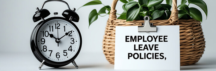 Employee Leave Policies Concept with Clock and Office Decor, HR policy, time off work, employee benefits, paid leave, vacation policy, sick leave, workplace rules, office regulations. 