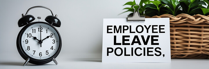 Employee Leave Policies Concept with Clock and Office Decor, HR policy, time off work, employee benefits, paid leave, vacation policy, sick leave, workplace rules, office regulations. 