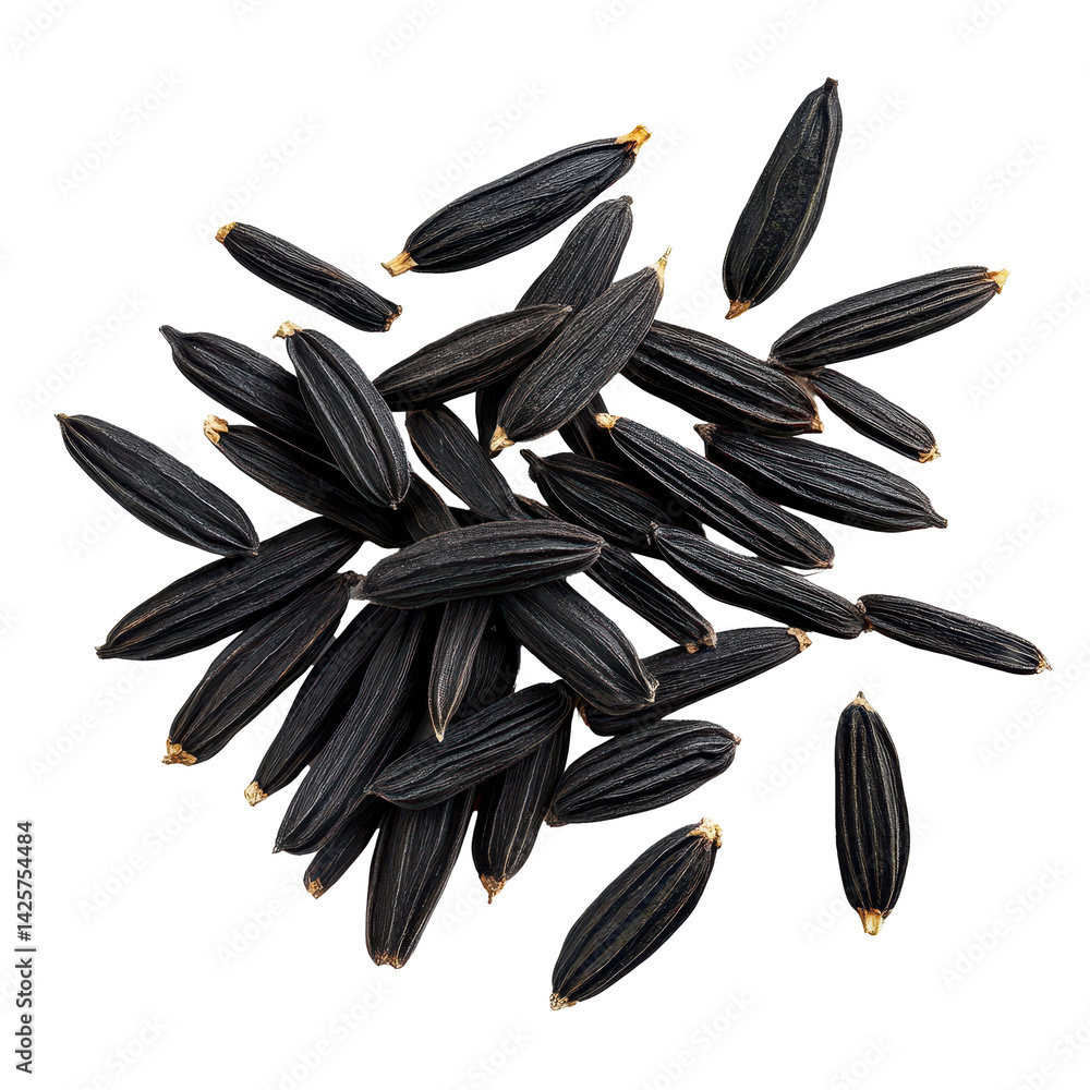Poster black cumin seeds arranged neatly on a white surface, showcasing their distinct shape and color for 