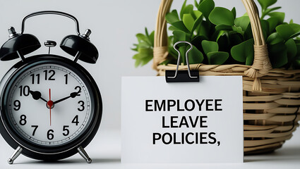 Employee Leave Policies Concept with Clock and Office Decor, HR policy, time off work, employee benefits, paid leave, vacation policy, sick leave, workplace rules, office regulations. 