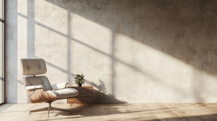 Modern minimalist living room with wooden chair and light.