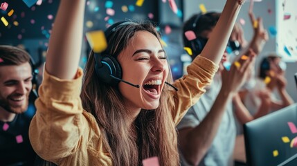 Overjoyed call center team celebrating a success with confetti, elated expressions