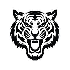 Roaring Tiger Head Black Silhouette Vector with Sharp Teeth and Bold Tribal Stripes on White Background