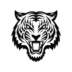 Vector Black Silhouette of a Roaring Tiger Head with Sharp Tribal Lines and Aggressive Expression on White Background