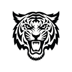 Black Tiger Head Silhouette Roaring with Tribal Stripes and Sharp Teeth on White Background