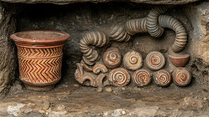 Naklejka premium Ancient pottery and spiral-shaped artifacts unearthed in archaeological dig site, showcasing cultural history