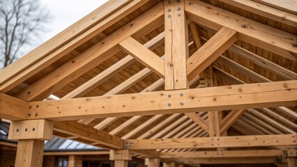 Close view of a wooden framework highlighting the sturdy beams and trusses, showcasing craftsmanship. The construction is set in a serene outdoor environment under a clear sky