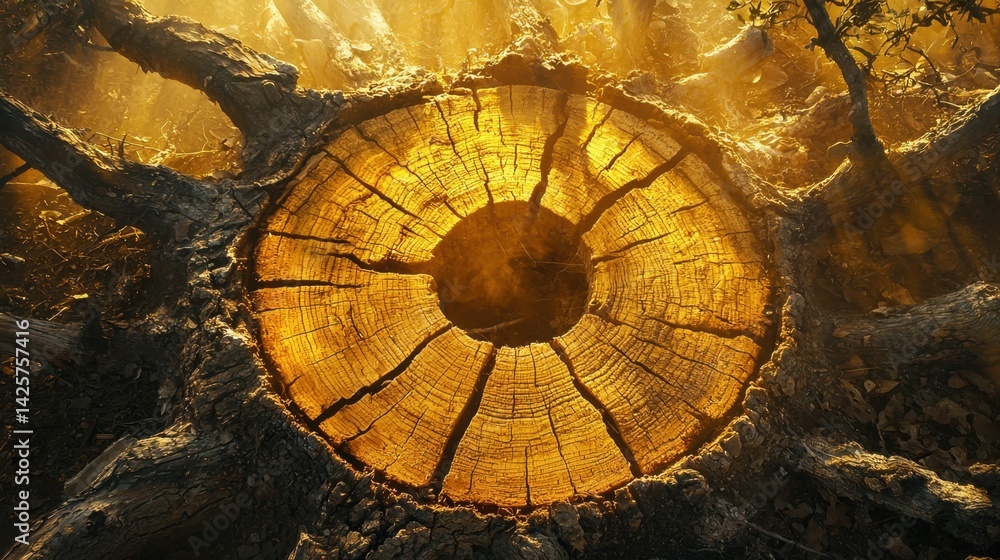Poster sunlight shining through a tree stump creating a beautiful natural scene with rich textures and orga