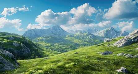 Obraz premium green grass hills landscape with a blue sky background