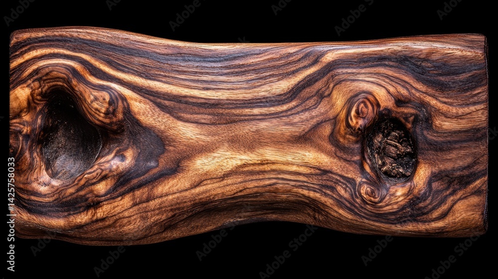 Poster wooden object on black background showcasing fine walnut grain with seamless pattern and clean finis