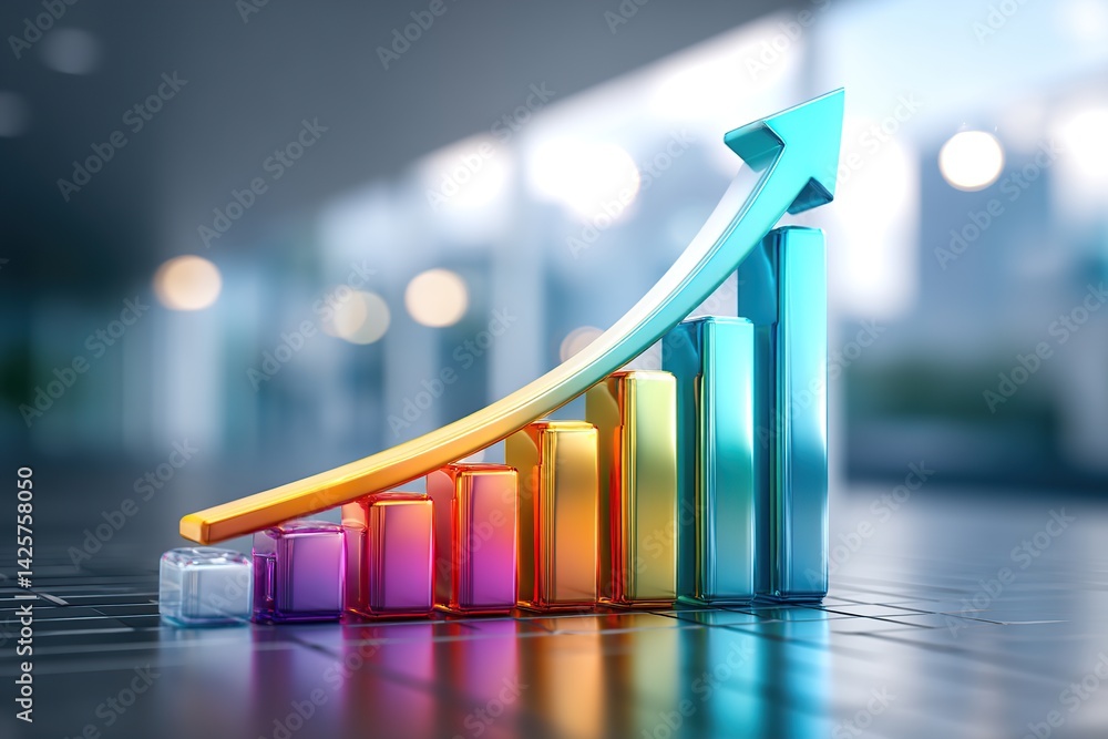 Poster vibrant bar graphs showcase growth with a dynamic arrow in a business environment
