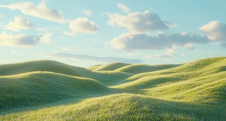 Obraz premium green grass hills with a blue sky and clouds in the background