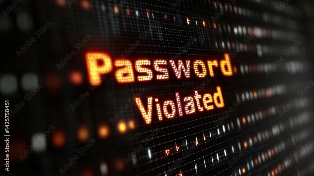 Aufkleber password violated alert on digital display showing data breach