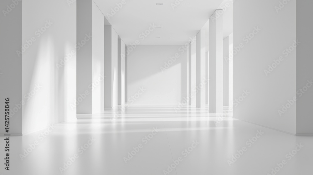 Poster bright sunlight streaming through large windows, casting soft shadows on pristine white office wall 