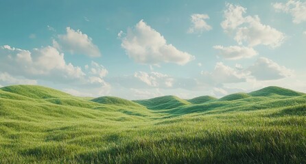 Obraz premium green, grassy hills under a blue sky with white clouds. A green meadow background for a nature landscape, an ecology concept. Design for a banner or poster