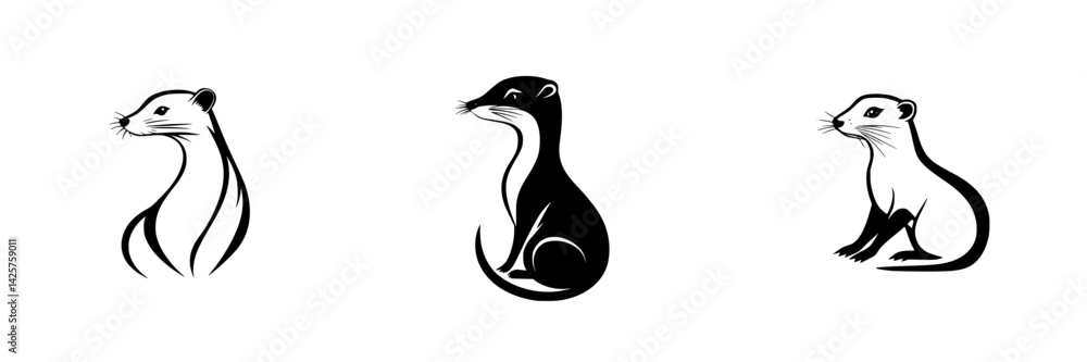 Poster stylized black icons of otters showcasing distinct poses and expressions in a minimalist design