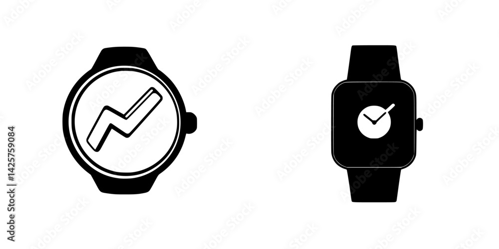 Poster set of two black icons representing a smartwatch and a traditional watch with a graph and checkmark 