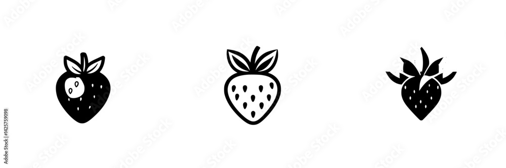 Poster black icon set featuring three different strawberry designs in a minimalistic style for graphic use