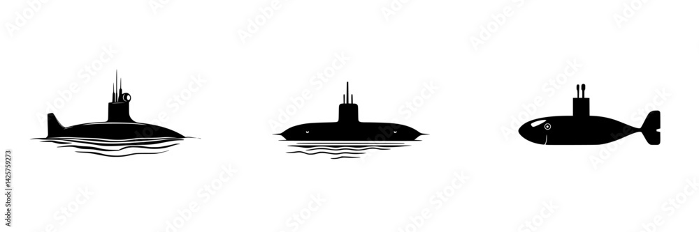 Poster set of black submarine icons showcasing various designs and forms in a minimalist style