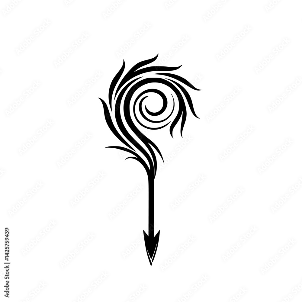 Poster black icon depicting a stylized swirl design with an arrow element, suitable for various digital and
