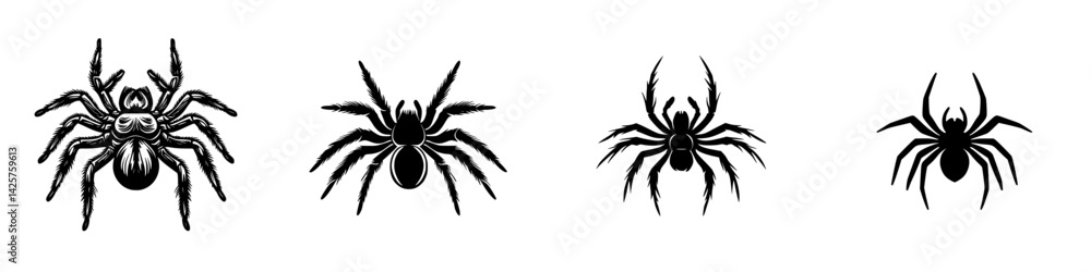 Poster black icon set featuring various spider designs with intricate details and differing poses