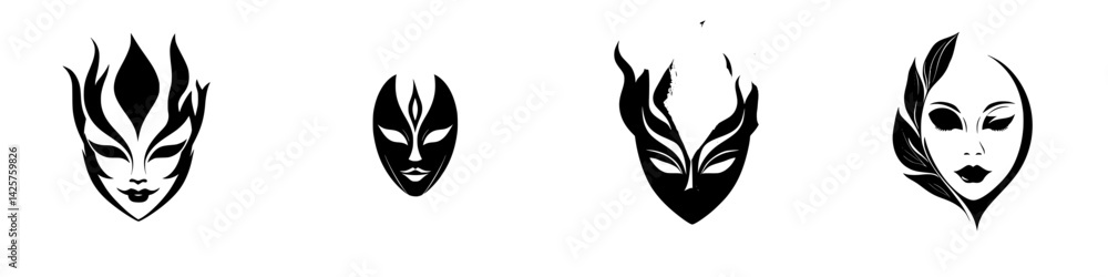 Poster artistic black icons of diverse mask designs created with abstract features and unique styles for cr