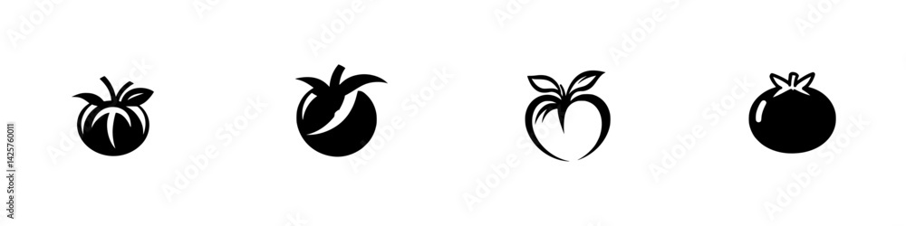 Poster set of four black icons illustrating different styles of tomatoes in a minimalistic design