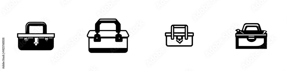Poster set of black tool icons illustrating various toolboxes and tool-related items for design use or inst