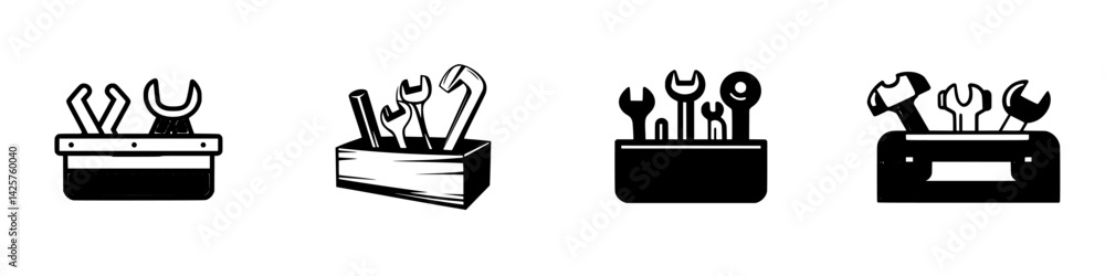Poster set of black icons representing various tools in different containers, showcasing utility and crafts
