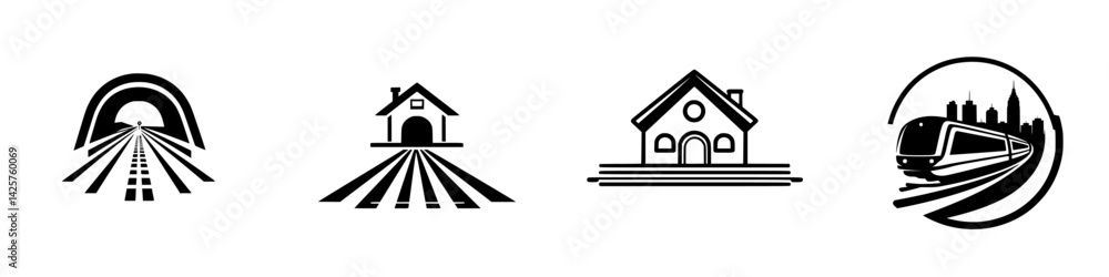 Poster set of black icons representing railway elements and related structures for transportation concepts