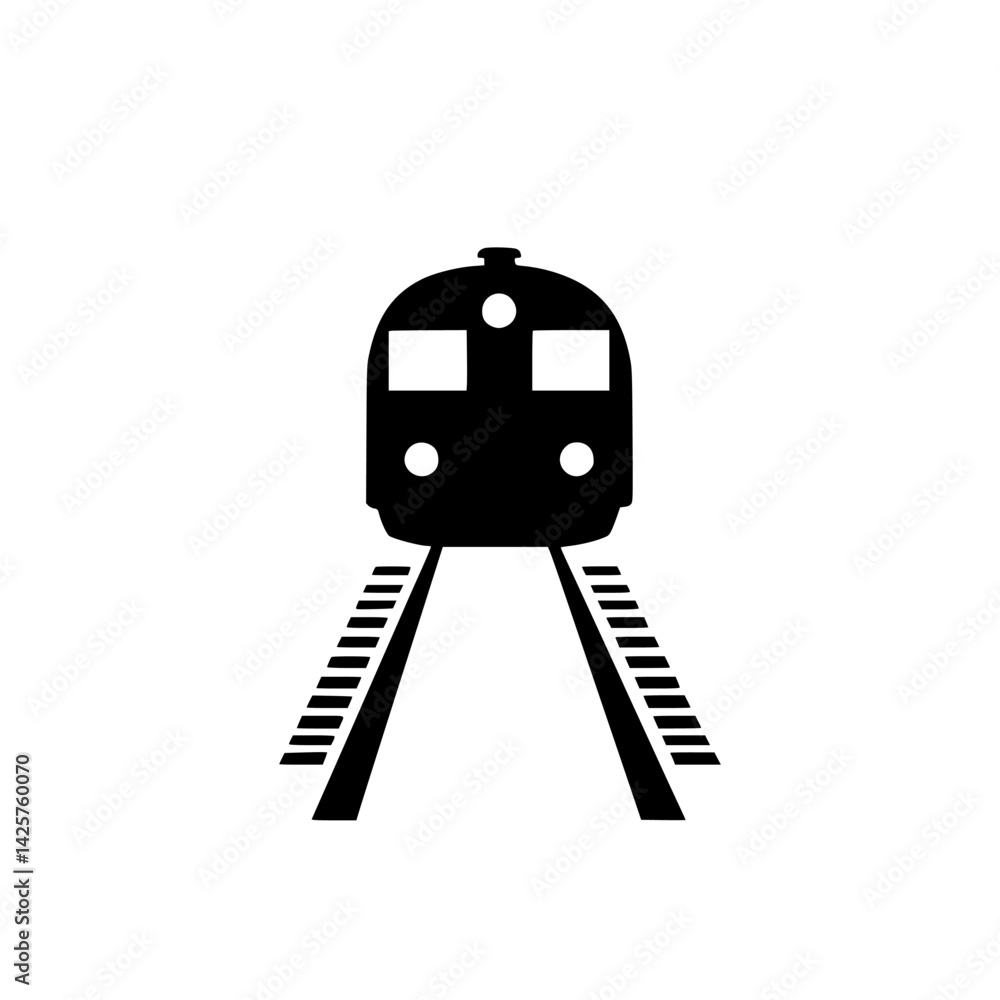 Poster black icon of a train approaching on railway tracks with a simple design and clear outlines