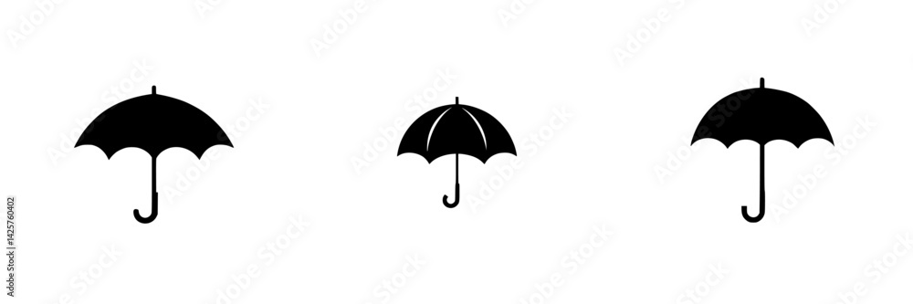 Poster set of black umbrella icons with varying sizes against a white background designed for versatile use