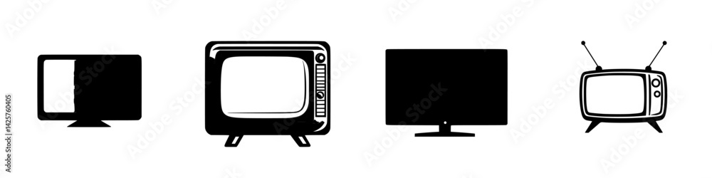 Poster different styles of black icons depicting various types of television sets in a simple design layout