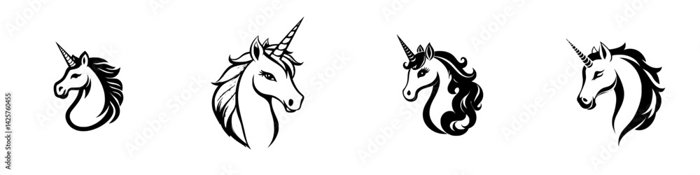 Poster set of black unicorn icons showcasing different designs and styles for creative projects and digital