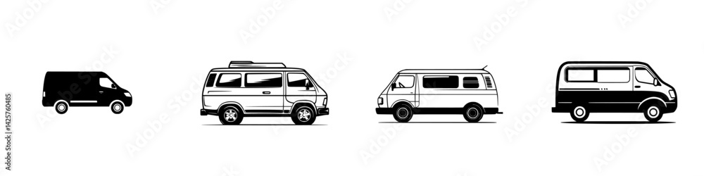 Poster set of black icons depicting various types of vans in a side view arrangement for graphic design pro