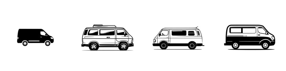 Fototapeta na wymiar Set of black icons depicting various types of vans in a side view arrangement for graphic design projects