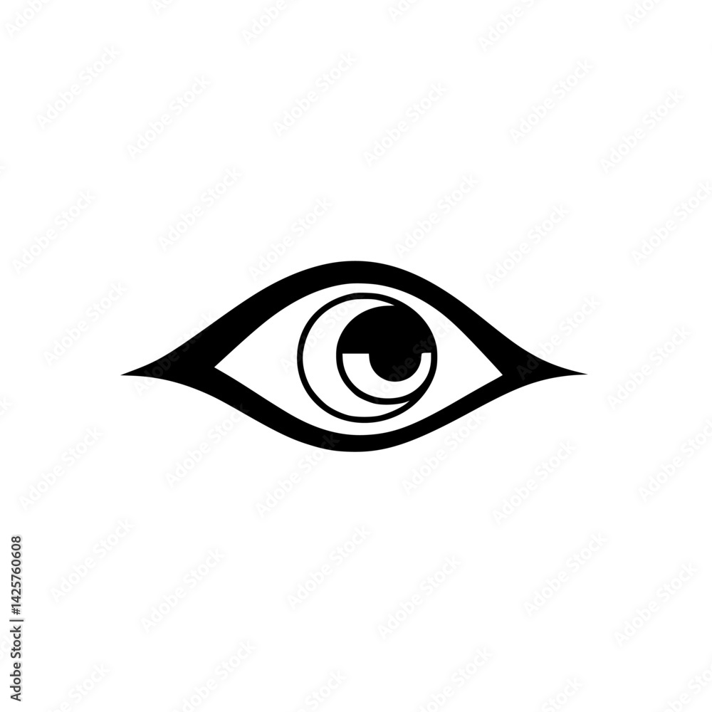 Poster black icon featuring a stylized eye design with intricate details and sleek lines used for various c