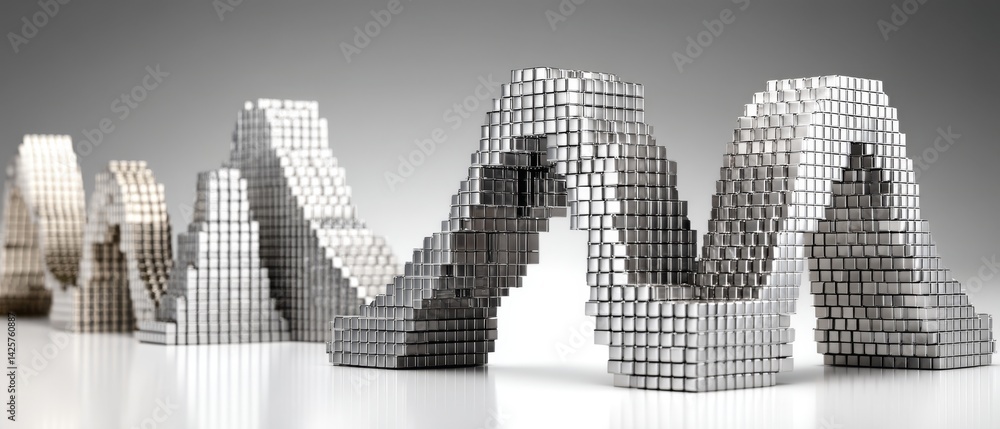 Poster a creative arrangement of metallic cubes forms a wave-like structure, showcasing an artistic and mod