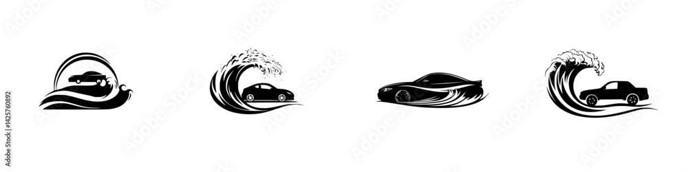 Poster black icon set displaying cars and waves in a minimalist design suitable for graphic projects