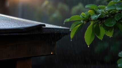Obraz premium Rain pouring on a wooden gazebo roof. Dew drops cling to leaves