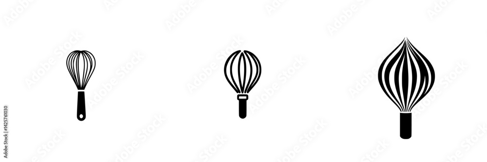 Poster set of black icons featuring various sizes of whisks on a plain background