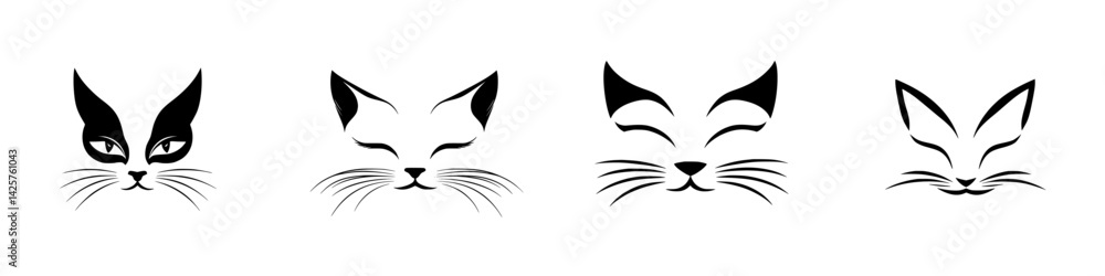 Poster set of black cat icons showcasing various facial expressions and features for creative use in design