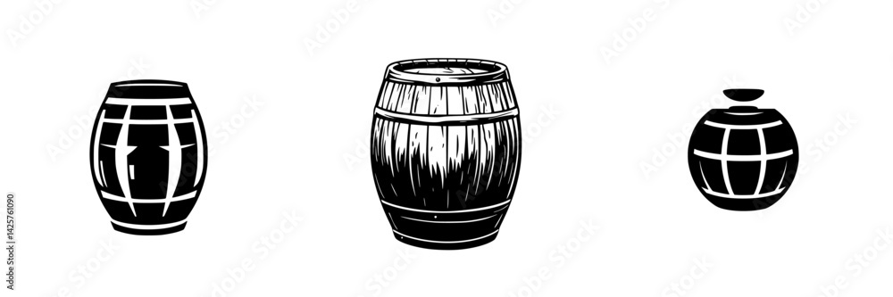Poster set of black icons depicting different types of barrels and containers in a simple design