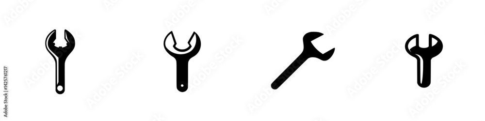 Poster set of black tool icons featuring various wrenches displayed on a white background for design purpos
