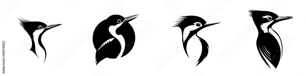 Poster black woodpecker icons in various styles showcasing distinct features and shapes for artistic and de