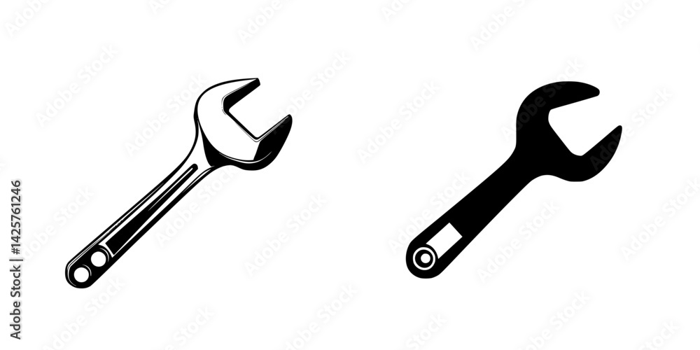 Poster black and white icon set featuring open-end wrenches in various styles for design and digital applic
