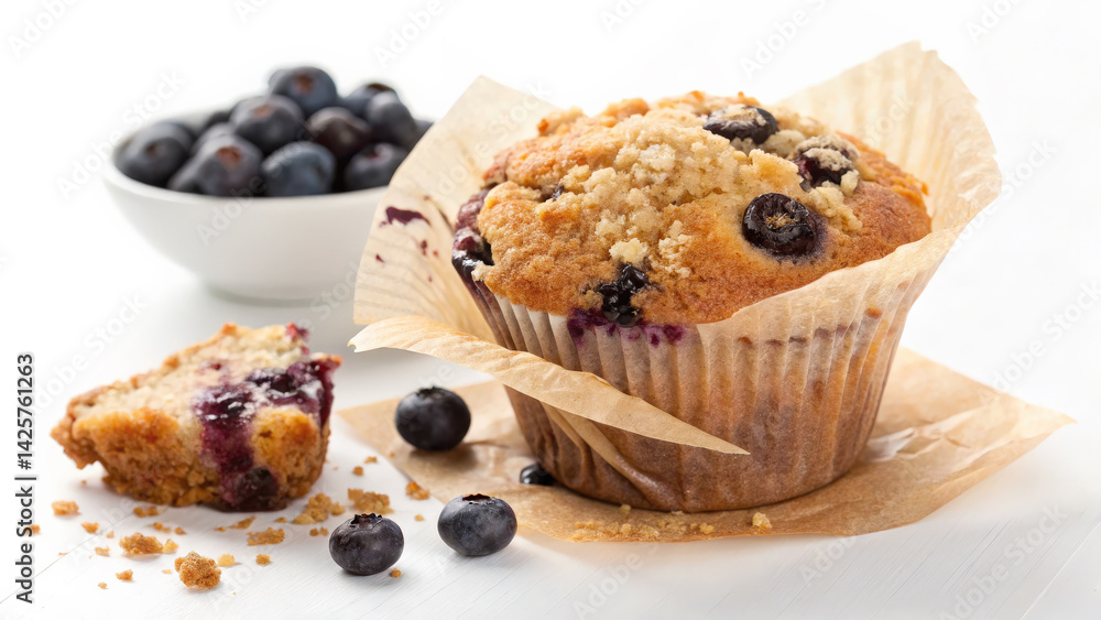 Poster delicious blueberry muffin with crumb topping sits on paper liner, surrounded by fresh blueberries a