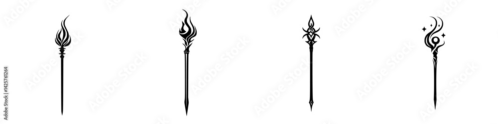 Poster set of four black icons representing different stylized torch designs, suitable for various applicat