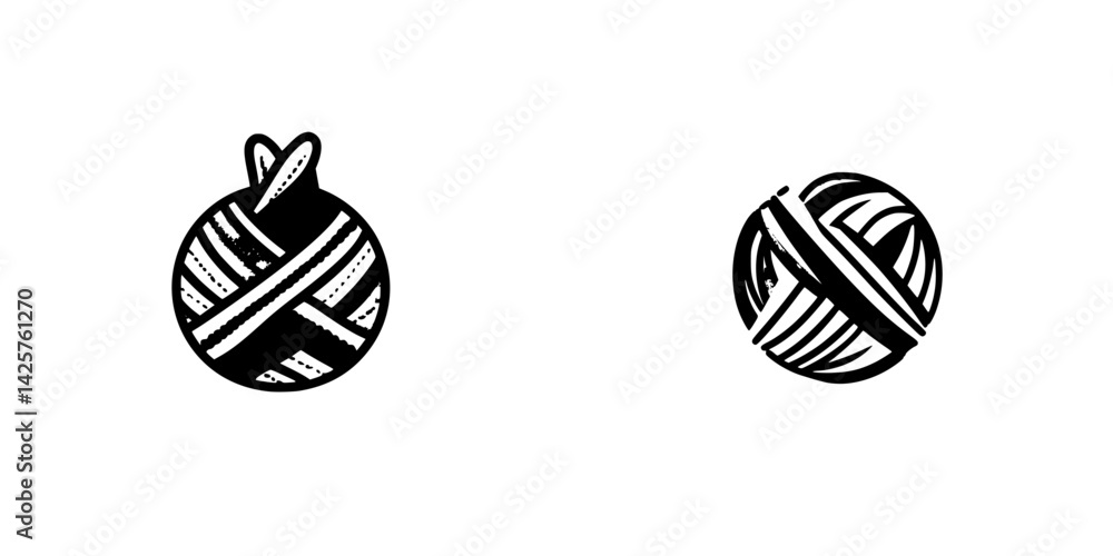 Poster black icons representing yarn balls, showcasing distinct patterns and shapes in a simple design