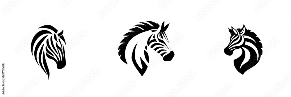 Poster unique black icon set featuring stylized horse heads with distinct designs and patterns showcasing c